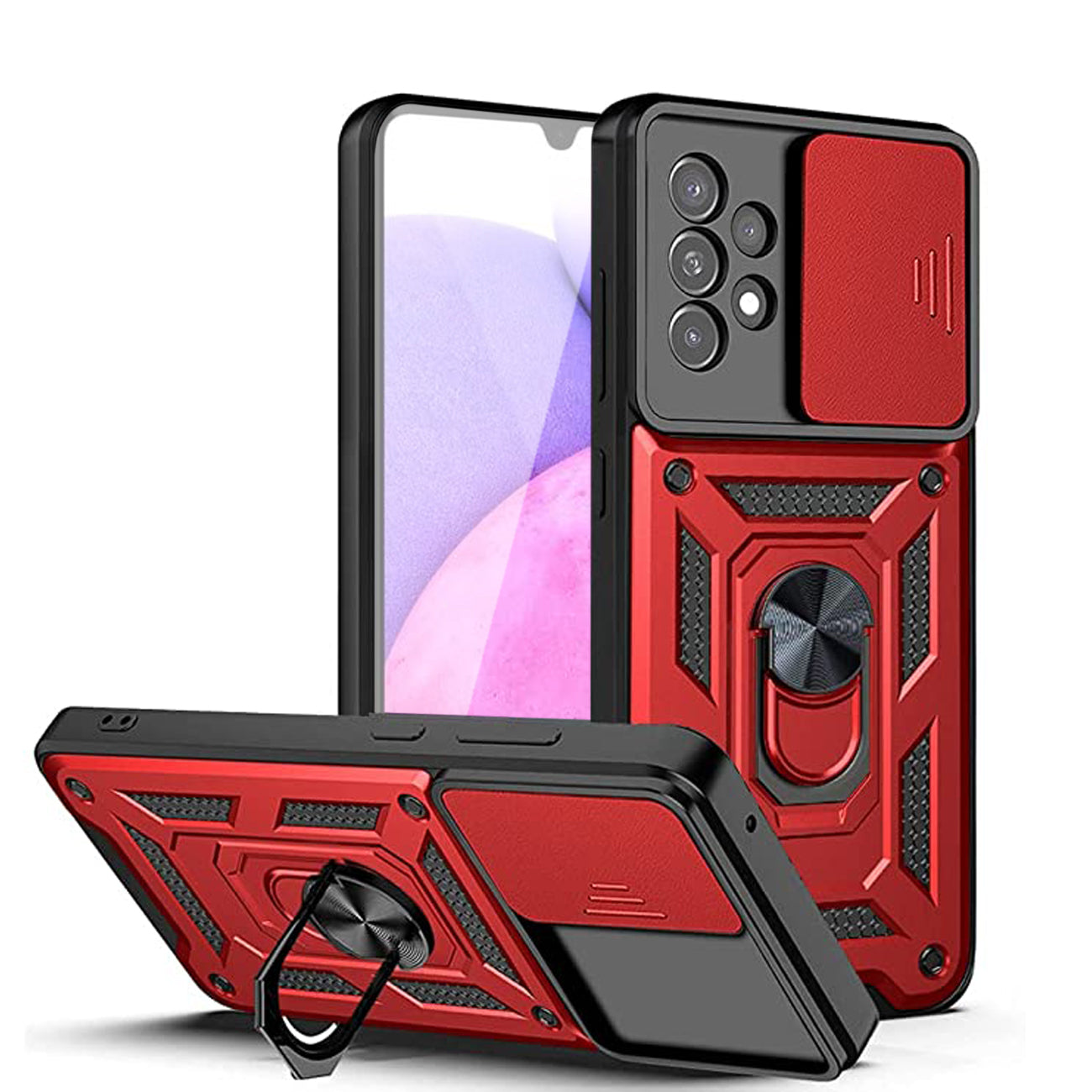 Kickstand Ring Holder with Slide Camera Cover TPU Shockproof Case and Magnetic Car Mount for SAMSUNG GALAXY A33 5G In Red